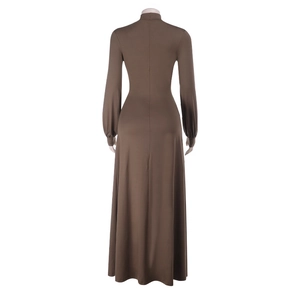 Vue arrière d'une robe longue marron avec col montant et une silhouette ajustée