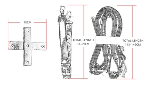 Size chart showing dimensions for adjustable punk leather shoulder straps and fasteners