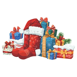 Christmas wall stickers featuring red Santa hats, stockings, and gift boxes for decor