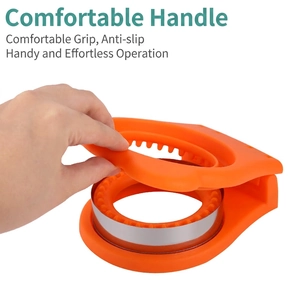 Orange round sandwich cutter with protective handle and metal blade for DIY crustless bread