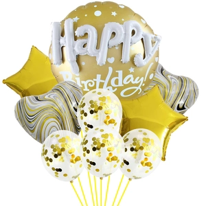 22-inch golden Happy Birthday foil balloon set with marble hearts and sequin latex balloons