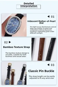 Detail of oval quartz watch featuring blue mother-of-pearl dial and bamboo leather strap