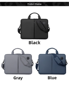 Three minimalist laptop bags in black, grey, and blue with adjustable shoulder straps