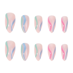 Short almond press-on nails with colorful wave patterns and minimalist pastel line design