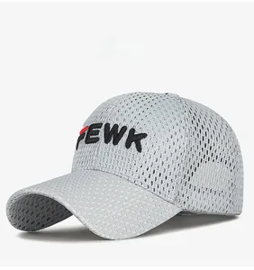 Detail showing breathable mesh fabric and 3D FEWK embroidery on light grey baseball cap