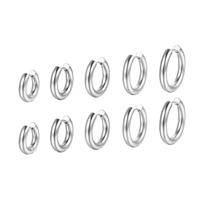 Five pairs of minimalist silver stainless steel hoop earrings in various sizes for daily wear