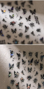 Detail of laser butterfly nail sticker with colorful metallic holographic effect