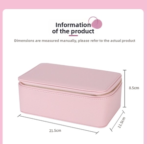 Pink PU leather travel jewelry organizer box with dimensions 21.5 x 11.5 x 8.5cm