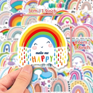 Close-up of a 1.9x1.8 inch colorful boho rainbow sticker with make me HAPPY text