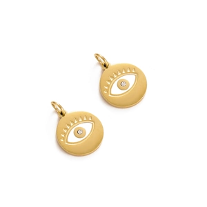 Detailed close-up of two golden Evil Eye round pendants with white enamel and tiny zircon