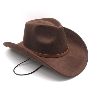 Detail of dark brown faux suede cowboy hat with decorative leather band and wind cord