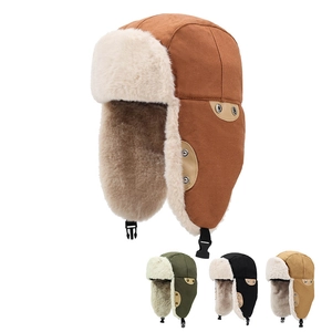 Trapper Hat Winter Warm Faux Fur Lining Cotton Canvas Windproof Earflap Bomber Hat For Outdoor Skiing Unisex Classic