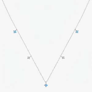 925 Sterling Silver Necklace With Round Turquoise And Square Zircon Minimalist Clavicle Chain For Women Fashion Jewelry