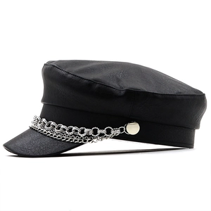 Classic black faux leather baker boy hat with double silver chain detail and side buttons