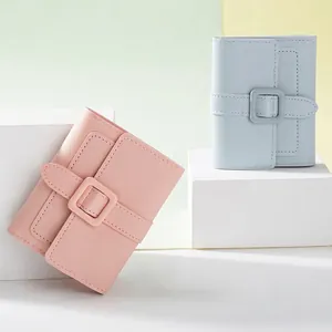 Damen Kurz-Geldbörse in Pastellrosa und Blau mit feiner Litschi-Struktur und Schnalle