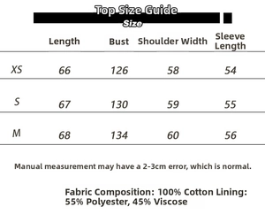 Size chart for women's short trench coat showing cotton fabric details and measurements