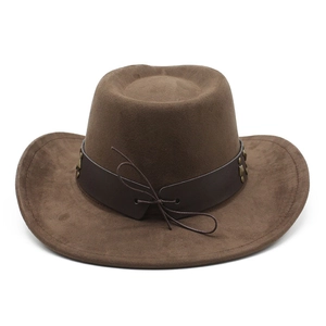 Detail of dark brown faux suede cowboy hat with vintage bronze rivets and synthetic leather band