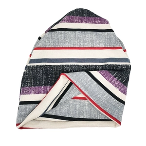 Close-up of striped beanie showing thick knitted texture and multicolored stripe patterns