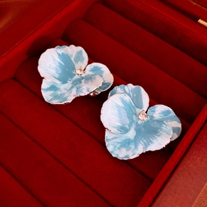 Pansy Flower Stud Earrings Alloy Enamel Blue Drip Oil Rhinestone With Silver Earring Post Vintage Elegant Jewelry For Women