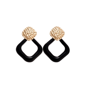 Minimalist geometric square earrings with gold hammered finish and black hollow pendants