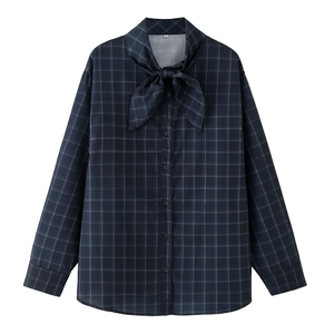 Camicia A Quadri Da Donna Manica Lunga Collo Con Fiocco Bottoni Camicetta In Cotone Top Casual