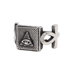 Vintage stainless steel Freemason Eye of Providence and Ankh pyramid signet ring