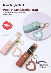 Mini lipstick pouch set with heart mirror and keychains in teal pink and brown