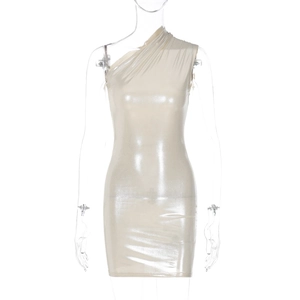 Detail of champagne gold one-shoulder mini dress with metallic shiny fabric and slim fit