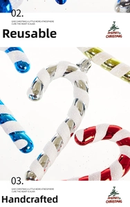 Detail of glittery candy cane Christmas ornaments in red, blue, gold and silver finish