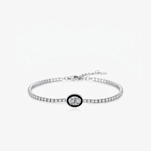 925 Sterling Silver Bracelet For Women Black Oval Enamel Center Cubic Zirconia Inlaid Trendy Tennis Style Jewelry Gift