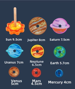 Detailed view of solar system wooden puzzle components with diameter size labels
