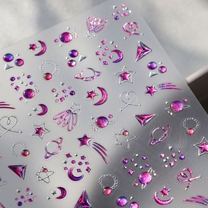 3D metallic star and moon nail stickers with purple gradient and silver embossed edges