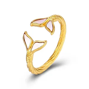 Mermaid Fish Tail Adjustable Open Ring Stainless Steel With Mother Of Artificial Pearl Shell Inlay Twist Rope Design For Women