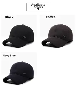 Detail view of woven wool baseball caps in black, coffee, and navy blue with metal logo