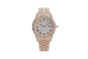 Close-up of rose gold watch with crystal encrusted dial and Roman numeral markers