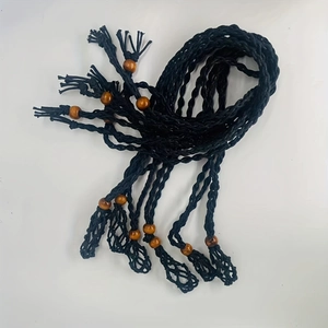 Detail of handcrafted black woven cord with brown wooden beads and bohemian fringe design