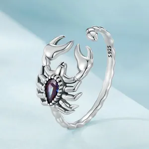 Retro 925 sterling silver scorpion open ring with purple teardrop gemstone and textured band