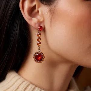 Parure bijoux vintage style palais avec boucles d'oreilles pendantes cristal rouge ambre