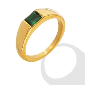 18k gold plated stainless steel wide ring featuring a rectangular green zircon stone