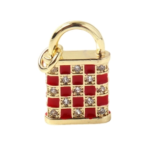 Gold plated lock pendant with red and white checkerboard enamel and zircon inlay