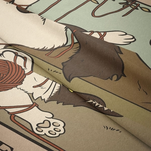 Close-up of soft bohemian cat tapestry showing plush fabric texture and cute motifs