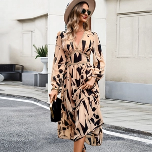 Women's V-neck long sleeve maxi dress with beige and black abstract geometric print