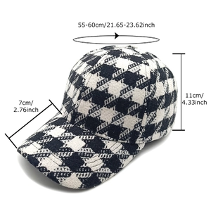 Classic houndstooth wool baseball cap with sizing details for autumn and winter