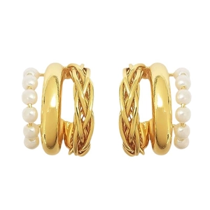 French vintage gold earrings with triple layers of high-gloss white pearls and metal