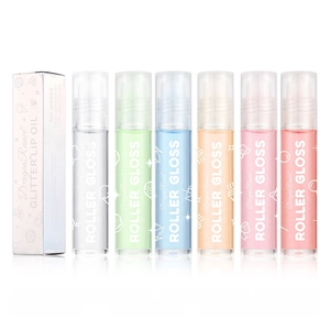 Glittering roller lip oil set in six vibrant colors with clear shimmering finish