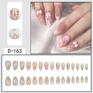30pcs sweet pink press-on nails with 3D bows and glitter almond shape design