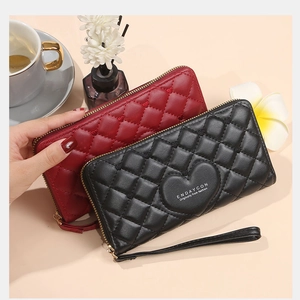 Quilted PU leather long wallets in deep red and black with heart patch and wrist strap