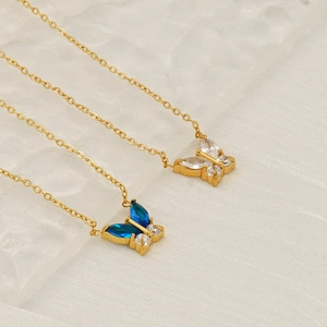 Colliers papillon en acier plaqué or 18K avec zircons blancs, bleus et jaunes pour femme