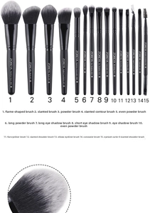 Close-up of 15-piece professional makeup brush set with black matte handles and gradient bristles