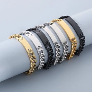 Stainless Steel Cuban Link Chain Bracelet With Flat ID Plate Bar Hip Hop Style Fashion Jewelry For Men And Women